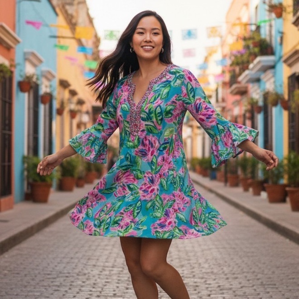 Lilly Pulitzer Elenora Silk Dress Blossom Beaded Ruffle Floral Blue Pink L Bell